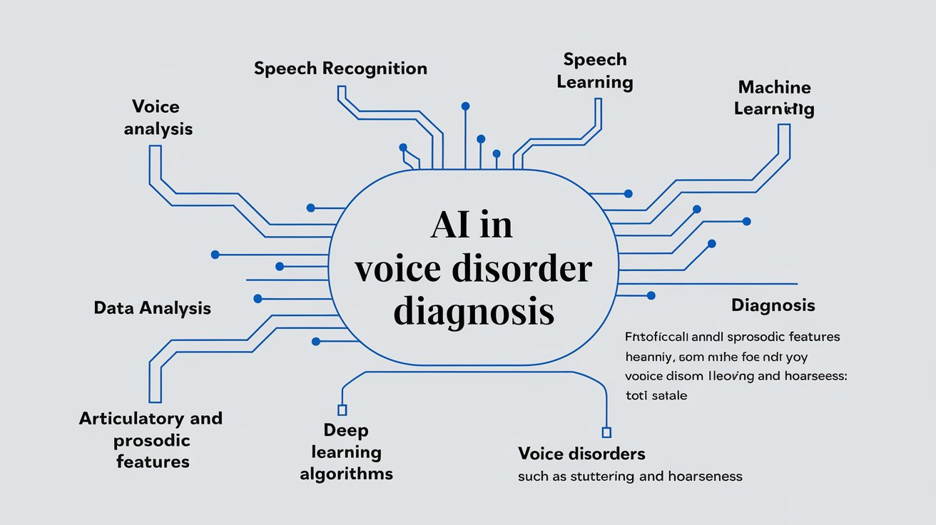 Mind map diagram showing the role of AI and real-time audio analysis in voice disorder diagnosis — connecting acoustic measurements, clinical decision support, and speech therapy outcomes