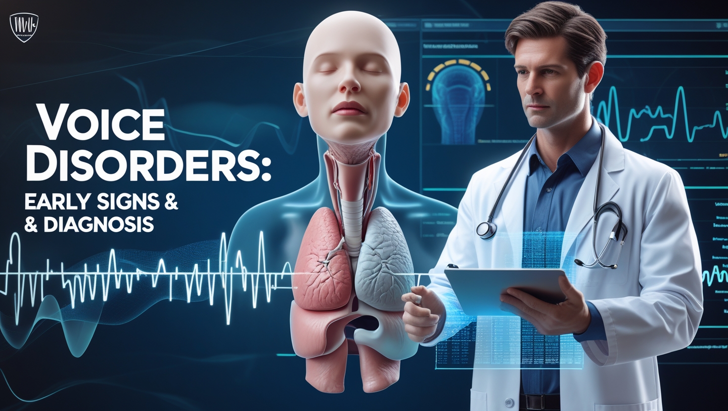 Medical illustration of vocal cords with AI-powered diagnostic tools analyzing voice waves, highlighting early signs of voice disorders.